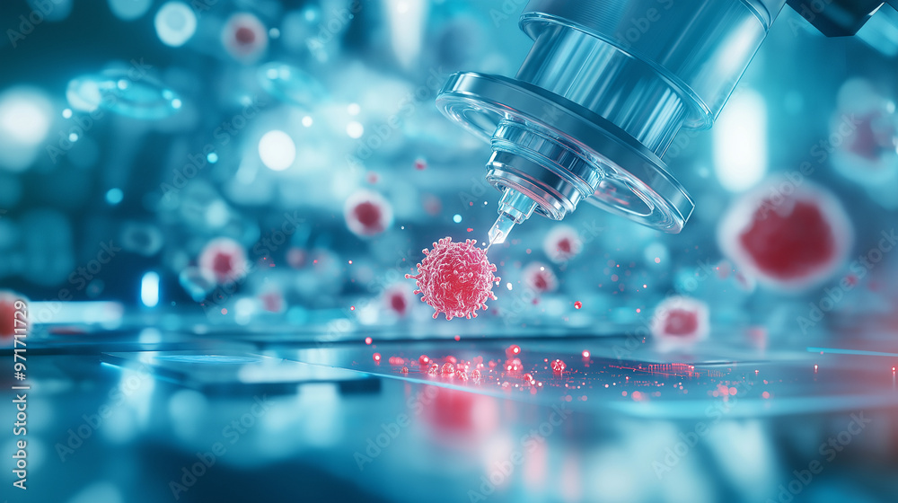 A close-up microscopic view of a robotic arm delivering a life-saving injection into a cancer cell, representing the forefront of precision medicine. A close-up microscopic view of a robotic arm delivering a life-saving injection into a cancer cell, representing the forefront of precision medicine.