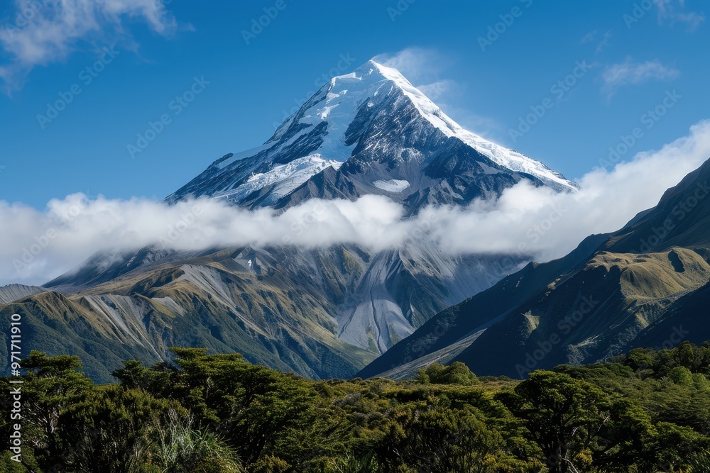 Majestic snow-capped mountain rises above lush green fields under a clear blue sky, showcasing the beauty of nature during daylight hours Majestic snow-capped mountain rises above lush green fields under a clear blue sky, showcasing the beauty of nature during daylight hours