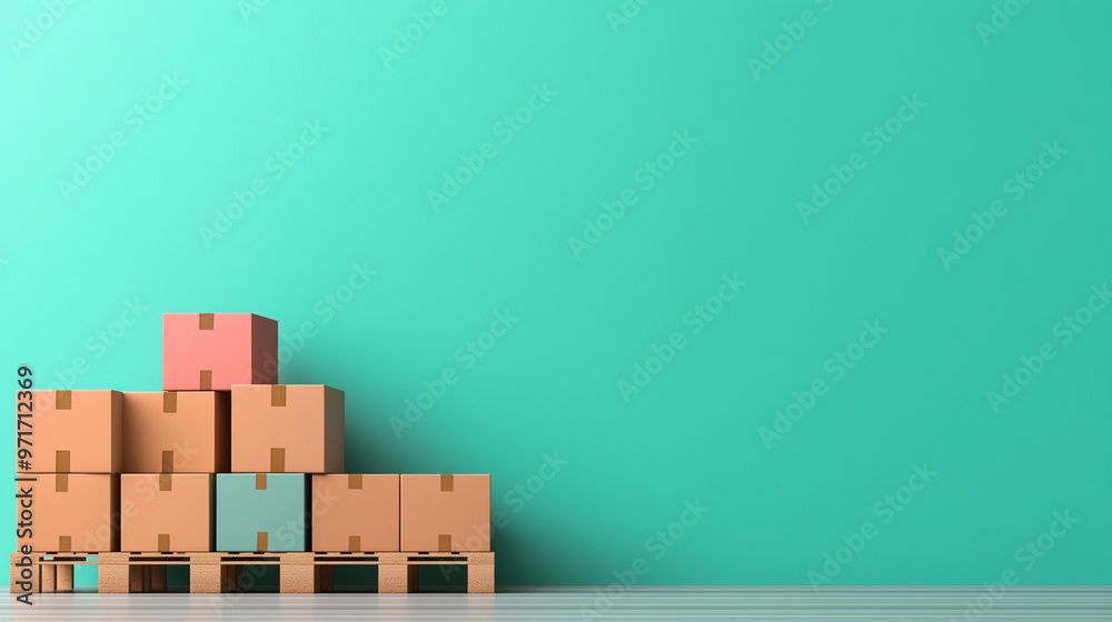 A minimalist flat design featuring simple, blocky boxes on a pallet, with solid colors and no outlines, in a clean and modern aesthetic. A minimalist flat design featuring simple, blocky boxes on a pallet, with solid colors and no outlines, in a clean and modern aesthetic.
