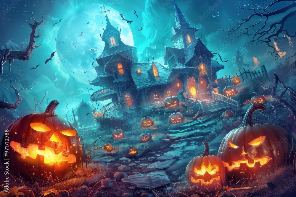 A spooky Halloween night with a haunted mansion illuminated by glowing pumpkins under a full moon in a dark sky filled with bats A spooky Halloween night with a haunted mansion illuminated by glowing pumpkins under a full moon in a dark sky filled with bats