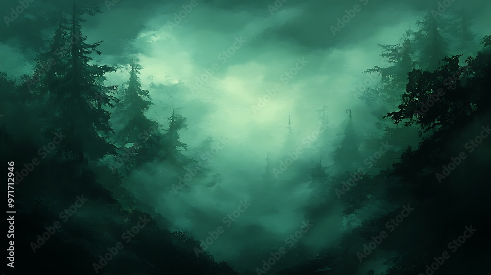 Fotografie A soft, glowing misty forest background with a clear, open area for text