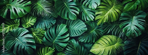 lush tropical foliage, vibrant green leaves, dense jungle, botanical texture, natural rainforest, exotic plants, nature wallpaper, high detail, immersive greenery, serene and tranquil atmosphere 