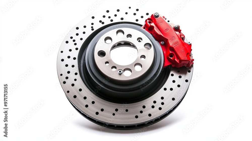 Carbon ceramic disc brake with a red caliper from a racing car isolated on a white background Carbon ceramic disc brake with a red caliper from a racing car isolated on a white background