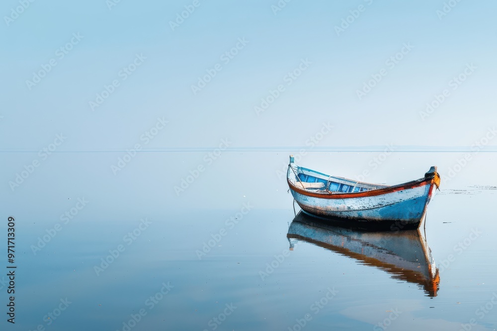 A calm fishing boat floats quietly on a serene body of water as it reflects the soft hues of early morning light against a backdrop of gentle clouds A calm fishing boat floats quietly on a serene body of water as it reflects the soft hues of early morning light against a backdrop of gentle clouds
