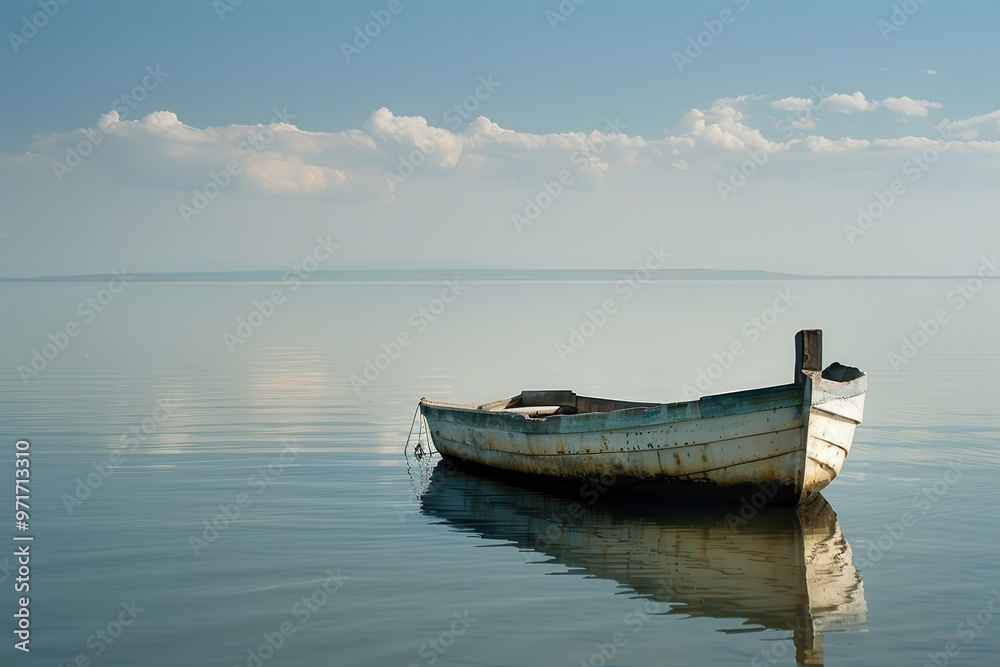A calm fishing boat floats quietly on a serene body of water as it reflects the soft hues of early morning light against a backdrop of gentle clouds A calm fishing boat floats quietly on a serene body of water as it reflects the soft hues of early morning light against a backdrop of gentle clouds