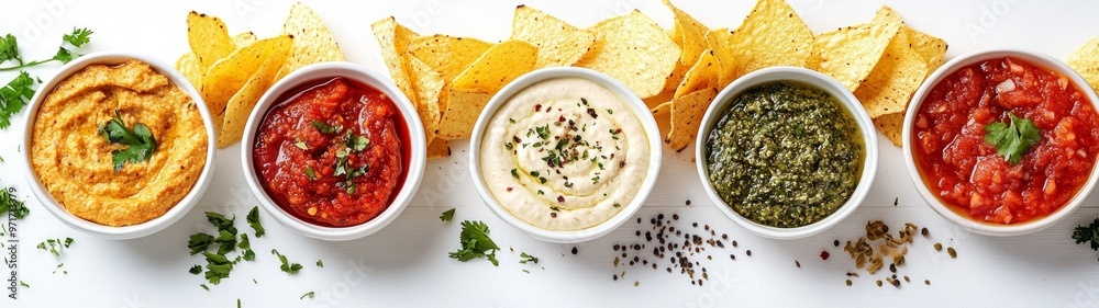 Assortment of Flavorful Dips with Chips, vibrant display of various dips in bowls accompanied by crispy chips, set against a clean white background for a fresh appeal Assortment of Flavorful Dips with Chips, vibrant display of various dips in bowls accompanied by crispy chips, set against a clean white background for a fresh appeal