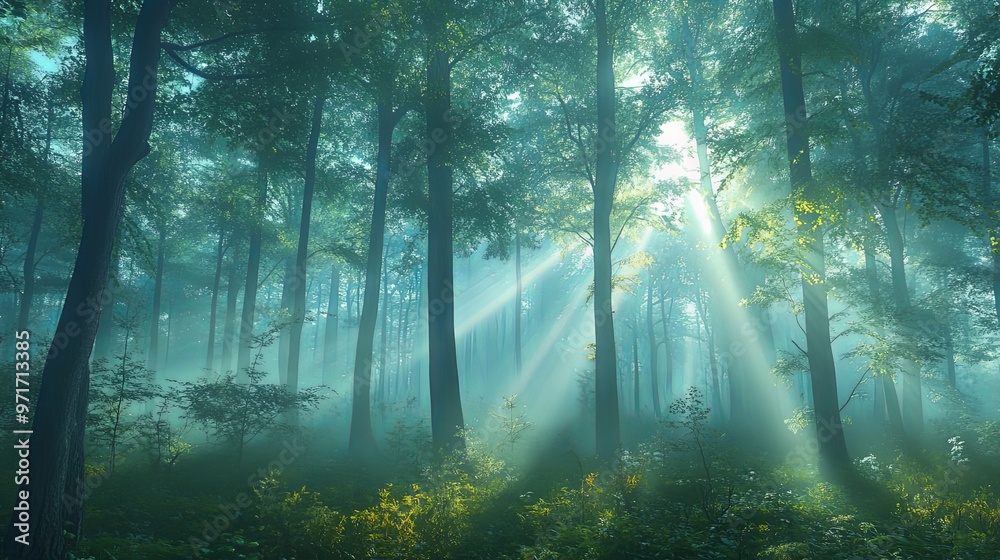 Fototapeta premium Sunrays in a Misty Forest