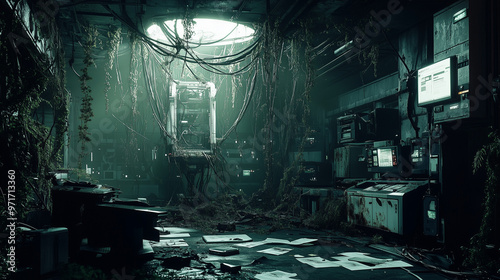 Overgrown Abandoned Underground Laboratory with Computers and Vines