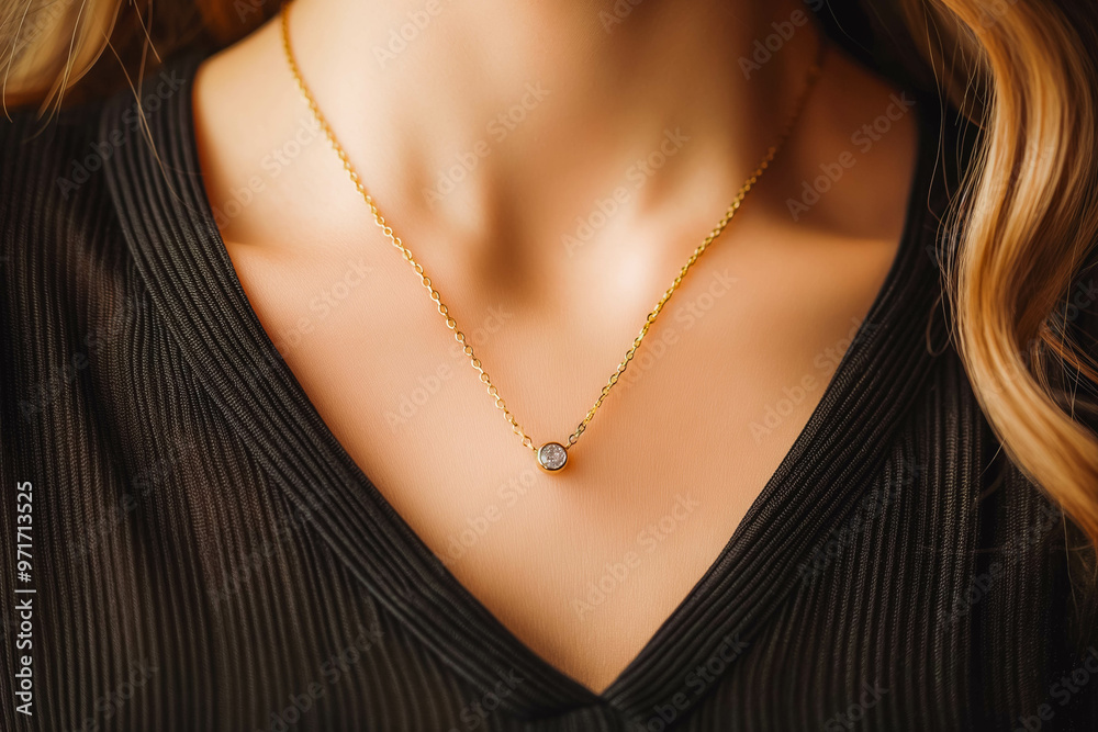 delicate golden necklace with a sapphire pendant worn by a model closeup isolated on black background delicate golden necklace with a sapphire pendant worn by a model closeup isolated on black background