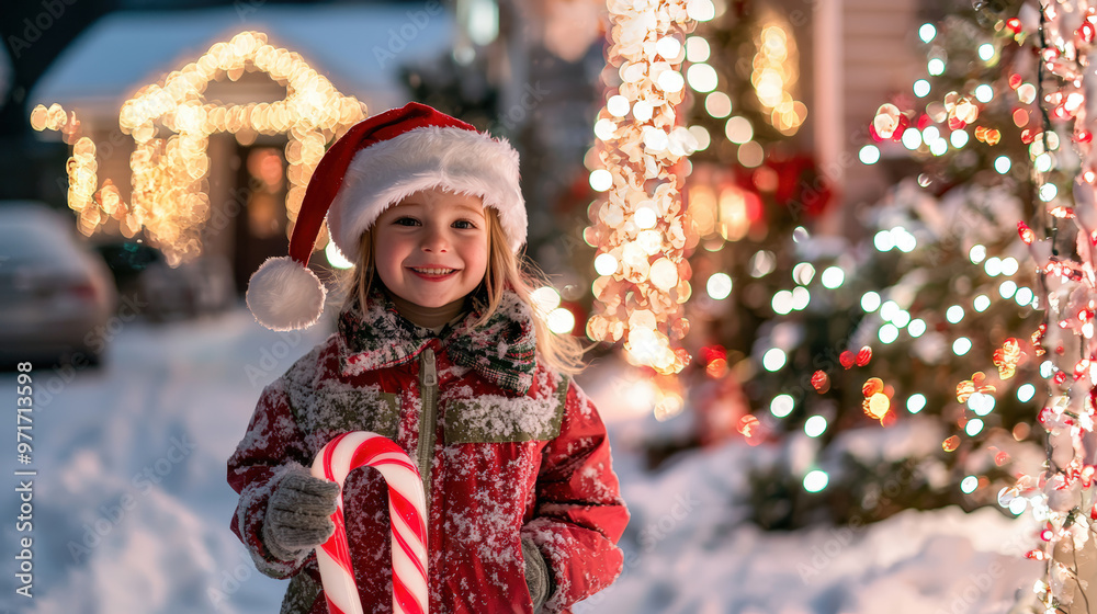 Child in Santa Hat Holding Candy Cane in Front of Festive Snowy House with Christmas Lights Child in Santa Hat Holding Candy Cane in Front of Festive Snowy House with Christmas Lights
