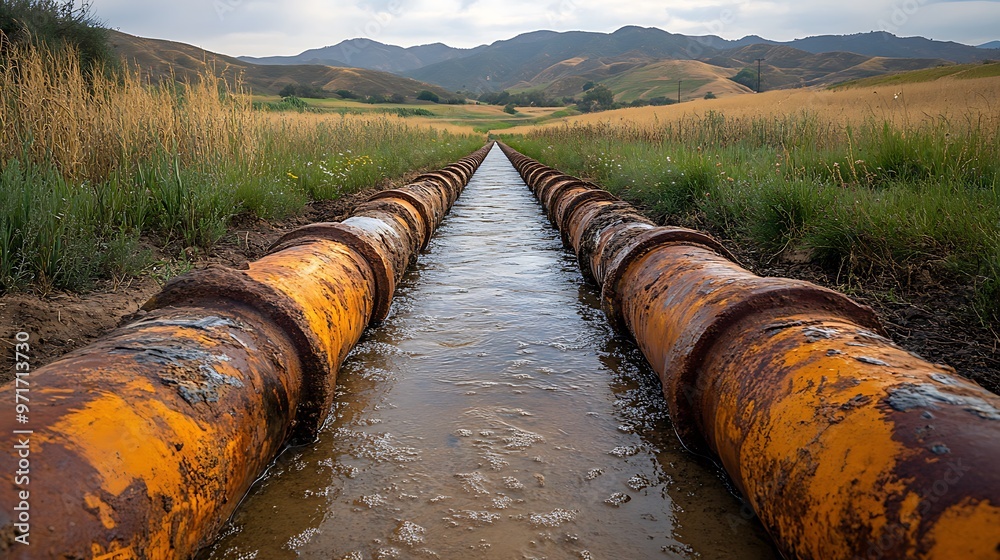 Rusty irrigation pipes carry water through a field with rolling hills in the background. Rusty irrigation pipes carry water through a field with rolling hills in the background.