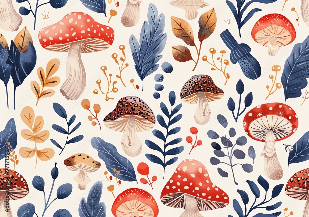 Φωτογραφία Painting depicting huge mushrooms and various plants on the background of a fairy-tale forest