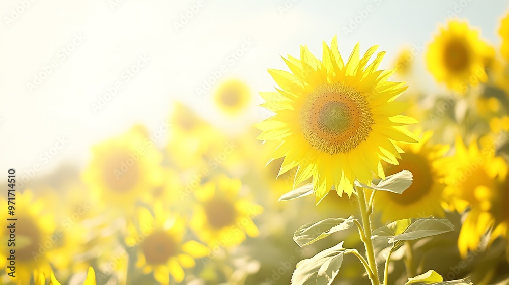 A soft, blurred field of sunflowers with a clear, open sky for text A soft, blurred field of sunflowers with a clear, open sky for text