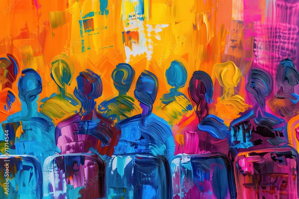 Vibrant abstract depiction of a group of seated individuals with colorful backgrounds reflecting diverse emotions and creative expression in an artistic setting Vibrant abstract depiction of a group of seated individuals with colorful backgrounds reflecting diverse emotions and creative expression in an artistic setting