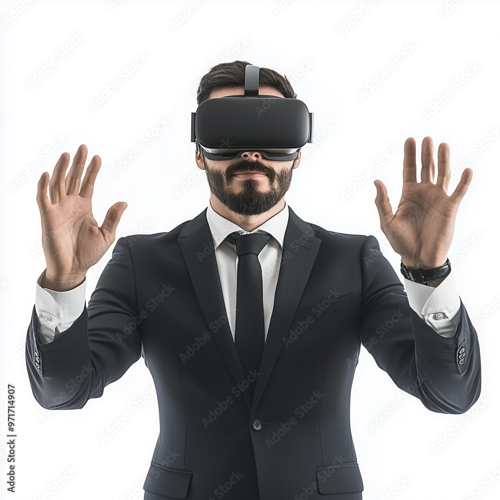 Businessman with a virtual reality headset isolated on a white background Businessman with a virtual reality headset isolated on a white background