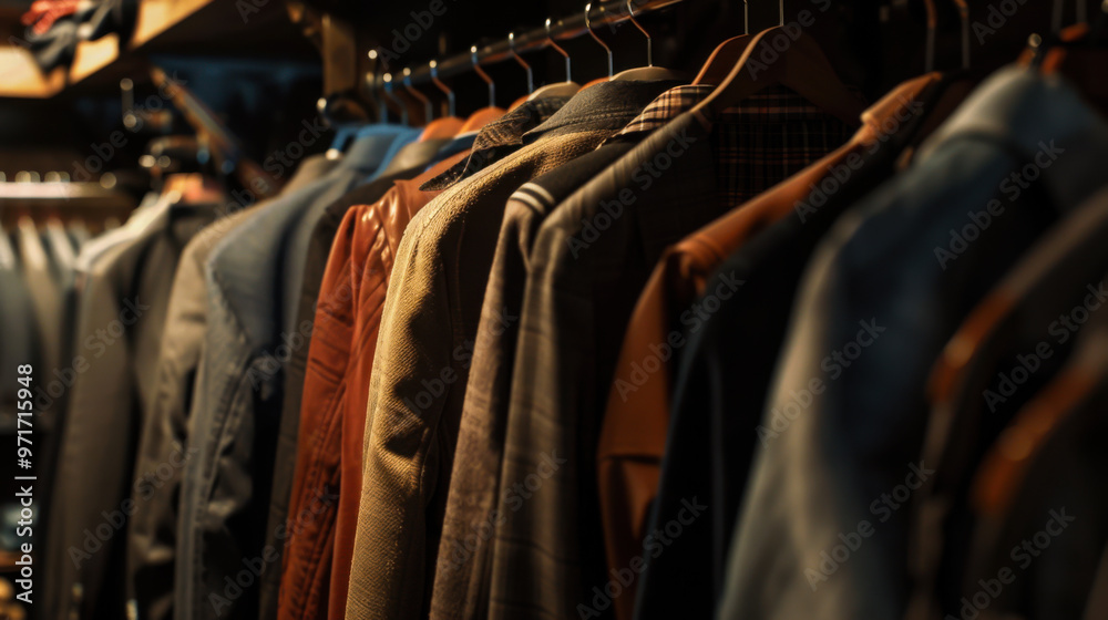 Shirts of various styles and colors hang neatly on wooden hangers in a cozy, dimly lit store. Shirts of various styles and colors hang neatly on wooden hangers in a cozy, dimly lit store.