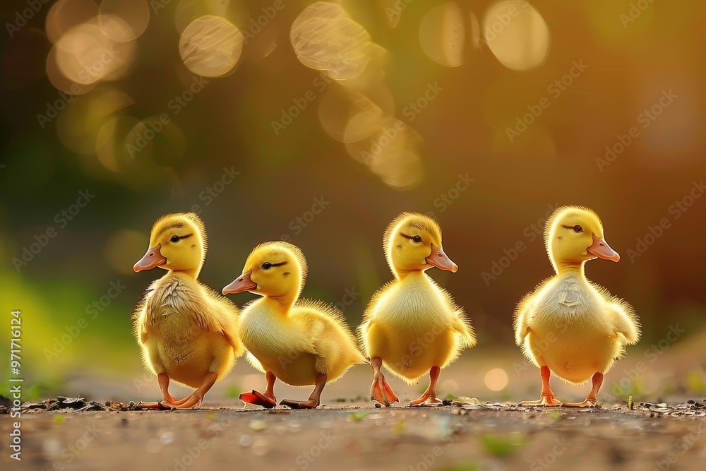 Four fluffy ducklings walking along a sunlit path in a natural setting during the golden hour, showcasing their vibrant yellow feathers and playful demeanor Four fluffy ducklings walking along a sunlit path in a natural setting during the golden hour, showcasing their vibrant yellow feathers and playful demeanor