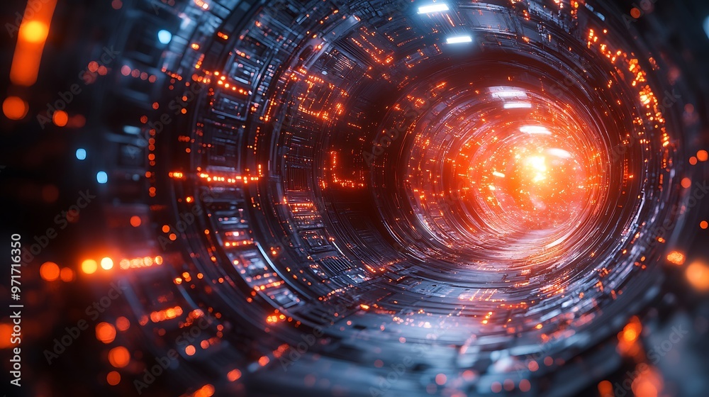 Futuristic tunnel with glowing lights and a bright end. Futuristic tunnel with glowing lights and a bright end.