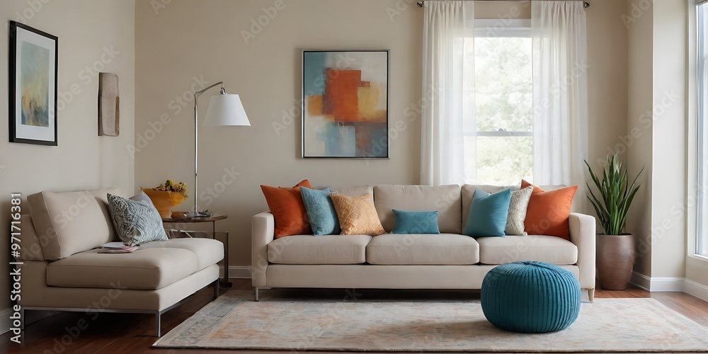 Naklejka premium Spacious and Inviting Living Room with Neutral Couch and Colorful Pillows, Natural Light Streaming In