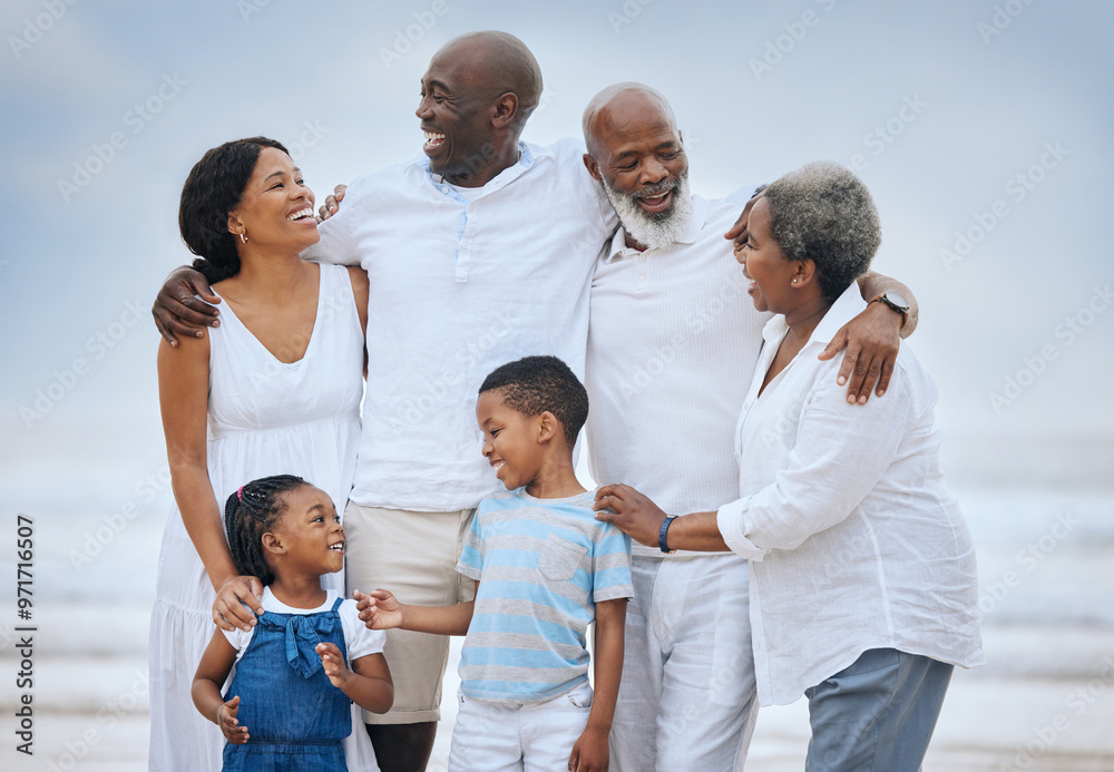 Φωτογραφία Happy family, children and grandparents with beach, holiday and travel by ocean for fun, play and together