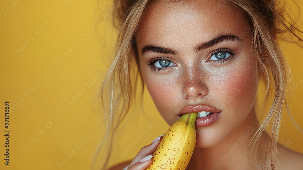 stunning young female teacher, her lips gently bitten in thought, holds a banana in her hand, symbolizing a playful approach to education and the fusion of casual and formal learning environments stunning young female teacher, her lips gently bitten in thought, holds a banana in her hand, symbolizing a playful approach to education and the fusion of casual and formal learning environments
