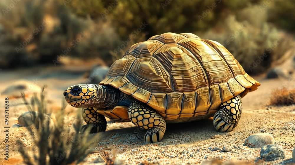 A desert tortoise exploring its natural habitat in the arid landscape during late afternoon light A desert tortoise exploring its natural habitat in the arid landscape during late afternoon light