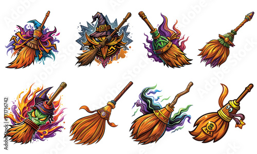 Halloween witch broom T-shirt Design, Hand drawn illustration on clean white background, Icon Concept isolated. High-quality vector artwork perfect for Halloween-themed t-shirt prints and graphics.