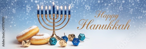 Festive Hanukkah Setting with Doughnuts, Dreidels, and Lit Menorah widescreen photo