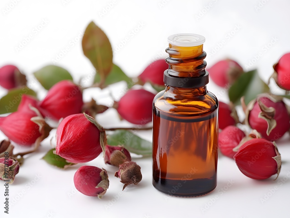 Rosehip seed oil anti-aging ingredients skin care on white background Rosehip seed oil anti-aging ingredients skin care on white background