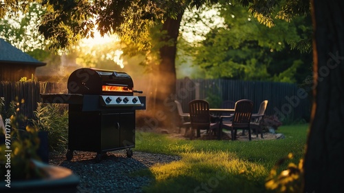 black BBQ grill in a backyard, golden evening light photo