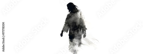 Jesus walking in white robes, white background, watercolor style