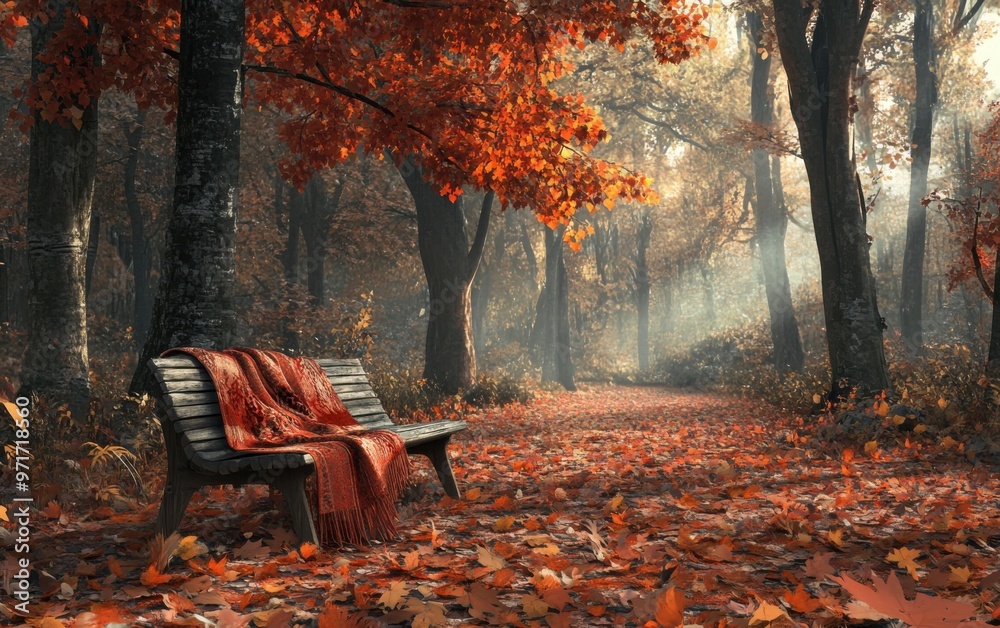 Cozy autumn forest with a rustic bench and colorful leaves illuminated by soft sunlight Cozy autumn forest with a rustic bench and colorful leaves illuminated by soft sunlight