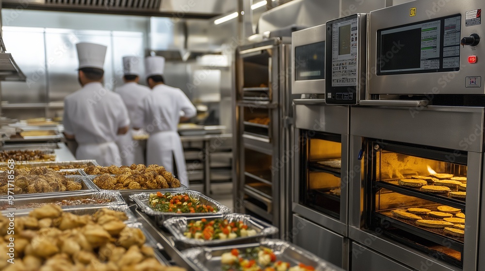 scene inside an industrial kitchen, with large ovens, stainless steel surfaces, and workers scene inside an industrial kitchen, with large ovens, stainless steel surfaces, and workers