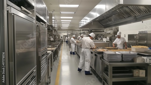 scene inside an industrial kitchen, with large ovens, stainless steel surfaces, and workers