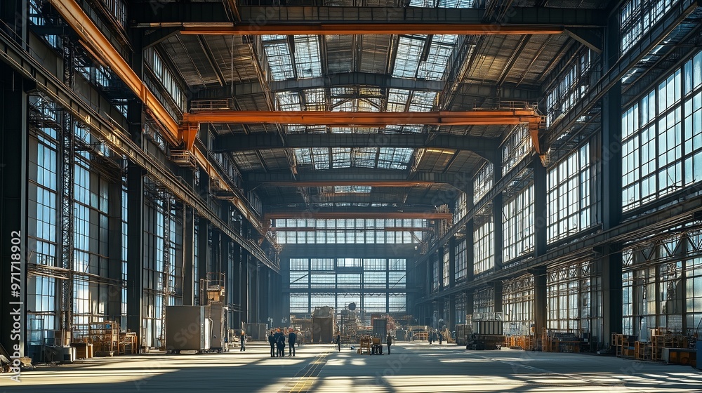interior of a factory, with exposed steel beams, high ceilings, and workers interior of a factory, with exposed steel beams, high ceilings, and workers