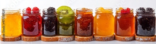 Fruit Spreads Delight, a vibrant display of colorful fruit jams generously spread on toast, set against a clean white background, showcasing simplicity and freshness. photo