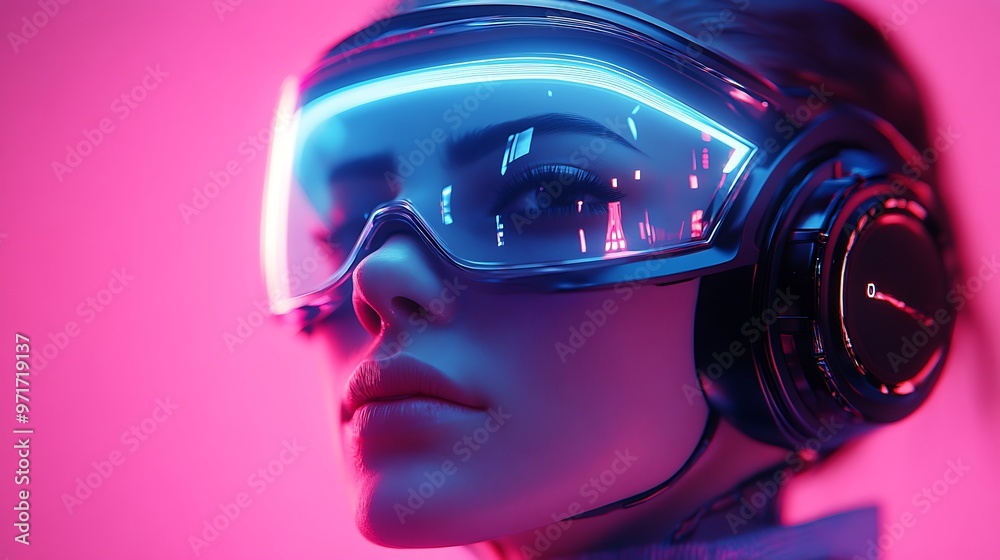 Close-up portrait of a futuristic woman wearing headphones and a glowing visor. Close-up portrait of a futuristic woman wearing headphones and a glowing visor.