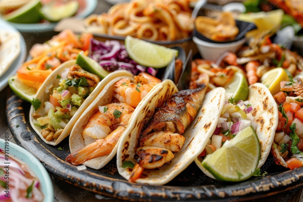 Delicious taco platter featuring grilled shrimp, chicken, and fresh vegetables served on a vibrant market stall during a sunny afternoon Delicious taco platter featuring grilled shrimp, chicken, and fresh vegetables served on a vibrant market stall during a sunny afternoon