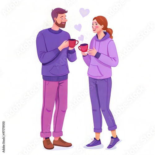 Couple holding cups of coffee and sharing smiles with hearts around, creating a cozy atmosphere copy space