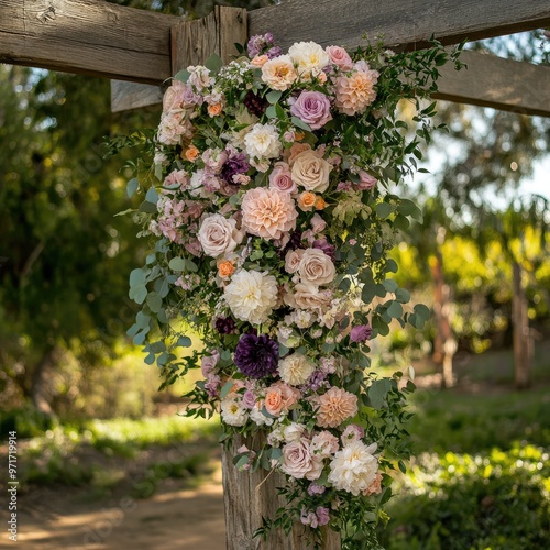 Cascading Florals Draping from a Rustic Wooden Arch photo