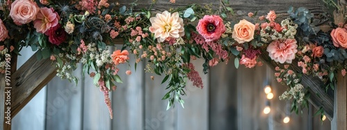 Cascading Florals Draping from a Rustic Wooden Arch photo