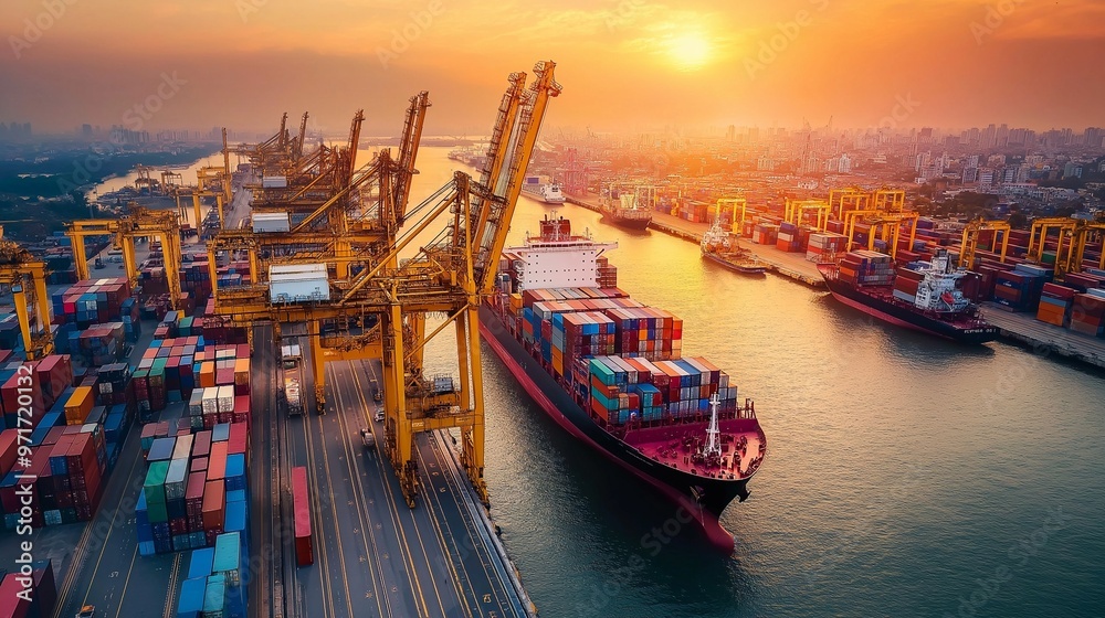 workers, industrial port, with ships, cranes, and containers workers, industrial port, with ships, cranes, and containers