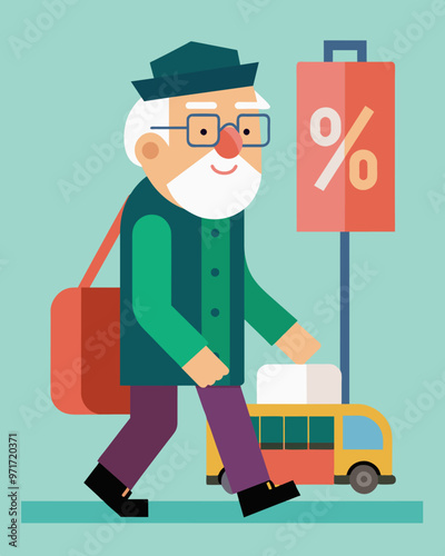 A senior citizen utilizes the discounted fare for public transportation allowing them to stretch their retirement budget.. Vector illustration