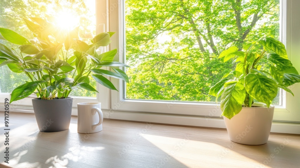 Fototapeta premium Morning sunlight streams through a wooden window, illuminating a yellow mug resting on a rustic wooden ledge while rain softly patters against the glass.