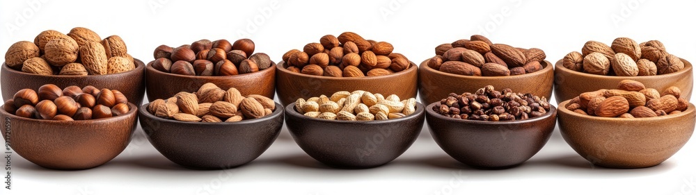 Nutty Elegance, a vibrant display of assorted nuts arranged in decorative bowls against a clean white background, celebrating texture and color in a minimalist setting. Nutty Elegance, a vibrant display of assorted nuts arranged in decorative bowls against a clean white background, celebrating texture and color in a minimalist setting.