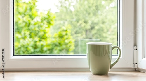 Morning sunlight streams through a wooden window, illuminating a yellow mug resting on a rustic wooden ledge while rain softly patters against the glass.