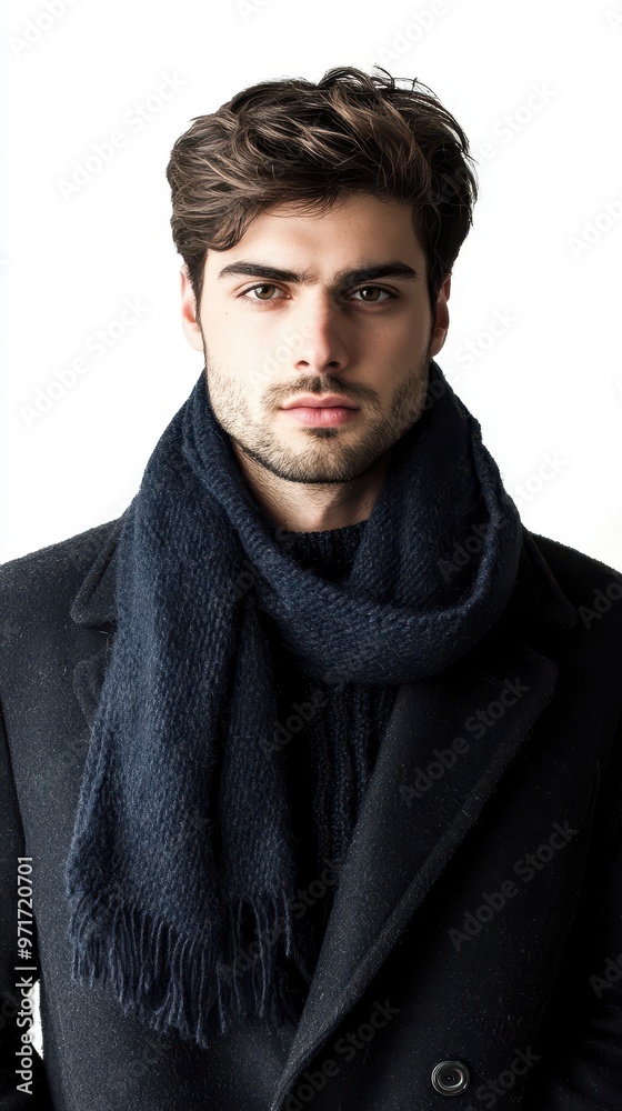 Obraz premium A man showcases elegant winter fashion featuring a wool coat and a stylish knitted scarf, set against a clean white backdrop