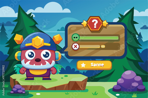 A colorful fantasy character stands on a grassy platform surrounded by trees while interacting with a game interface on a bright day in a whimsical landscape