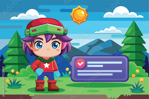 A colorful fantasy character stands on a grassy platform surrounded by trees while interacting with a game interface on a bright day in a whimsical landscape