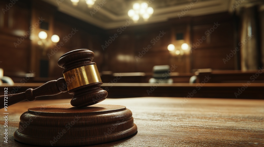 brown wooden gavel on a judge's bench in a courtroom brown wooden gavel on a judge's bench in a courtroom